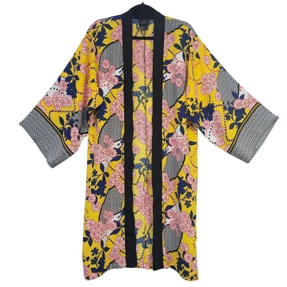 Forever 21 Contemporary Yellow and Black Floral Kimono Robe,  Small